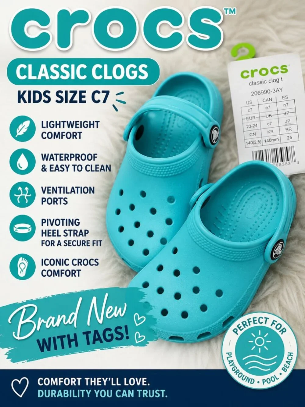 Crocs Classic Clogs Kids C7 Aqua Blue Turquoise Waterproof Shoes NWT Authentic
